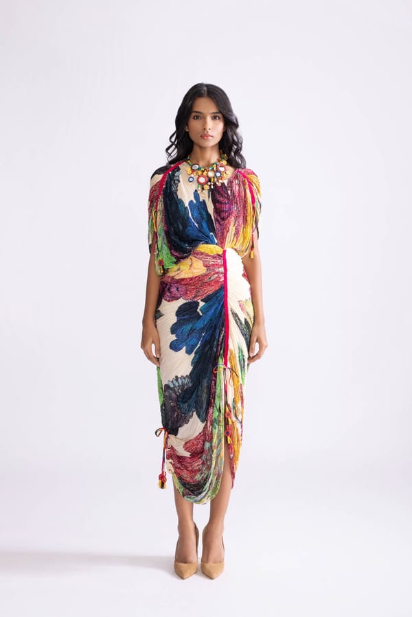 Multicolor Floral Micro-Pleated Kaftan Midi Dress — Saaksha and Kinni