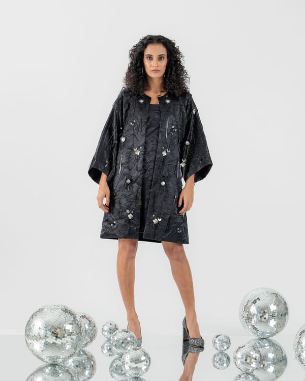 Black Embellished Open-Front Longline Jacket — Ang-sa