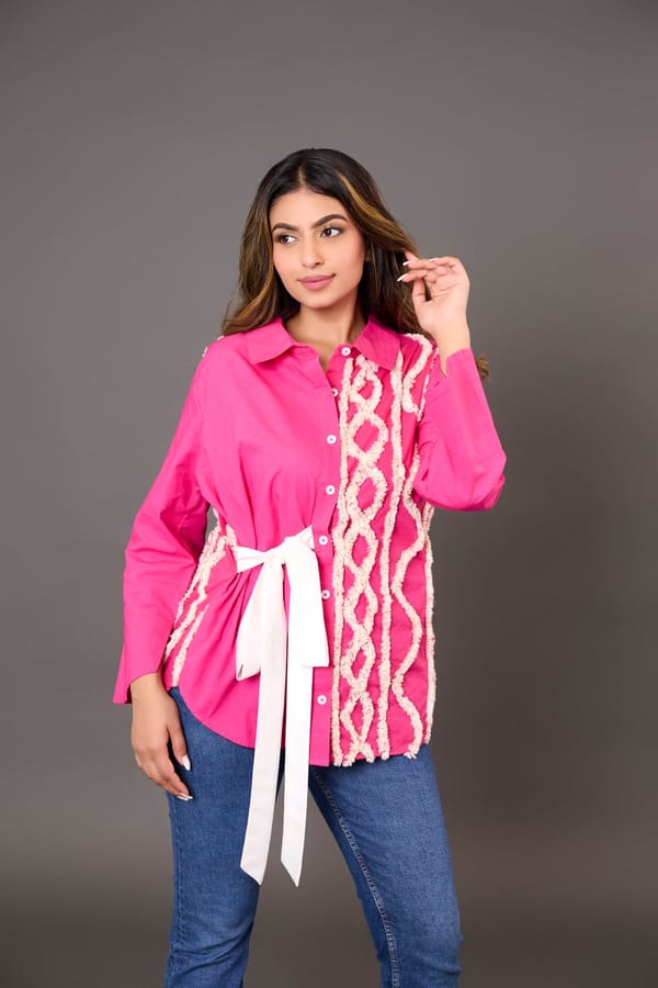 Hot Pink Longline Poplin Shirt with Lace Panel and Waist Tie — Younglings
