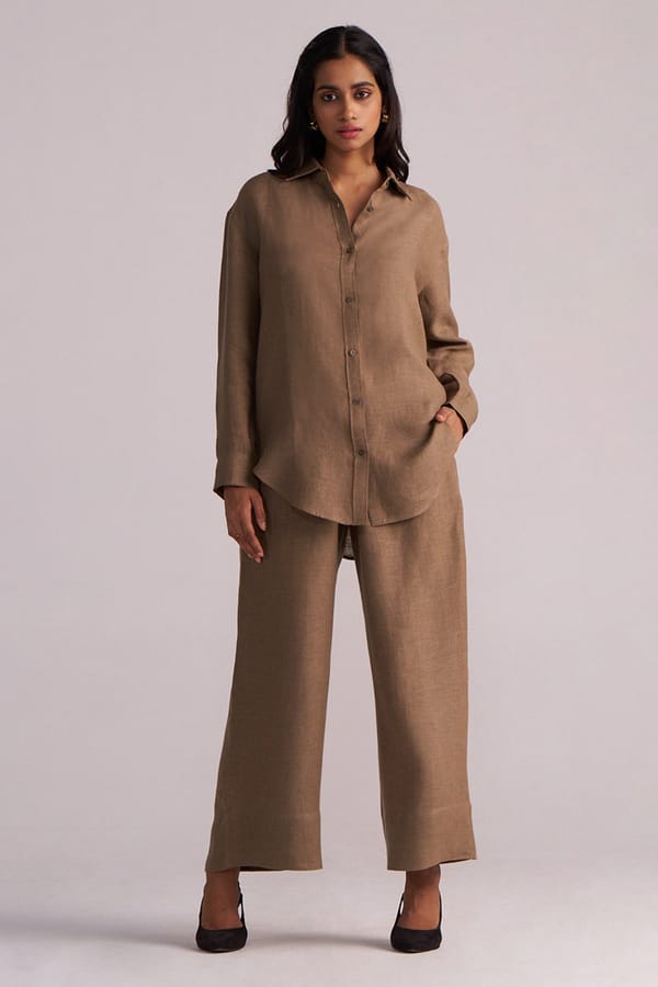 Woodsmoke Brown Linen Shirt and Wide-Leg Co-ord Set — Ganga Fashions Pvt Ltd