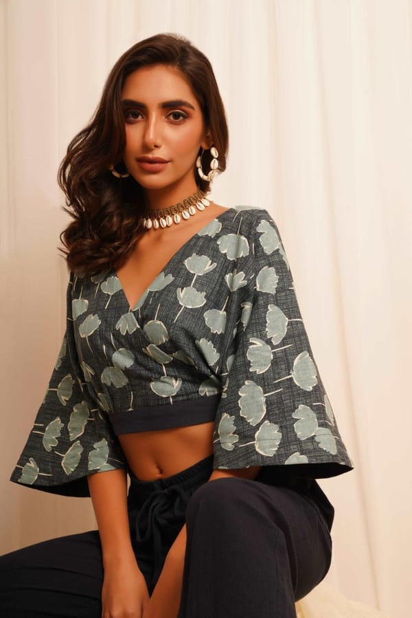 Backless Teal Printed Crop Top — Western Era