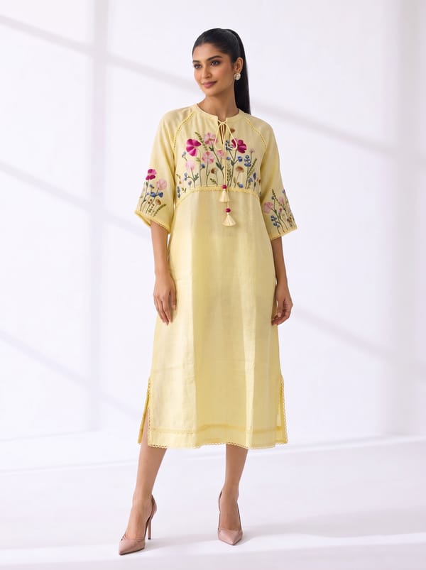 Buttercup Yellow Linen Embroidered Midi Dress — Kaveri