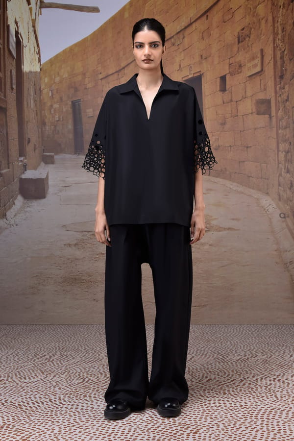 Black Poplin Shirt with Cutwork Embroidered 3/4 Sleeves — Genes Lecoanet Hemant