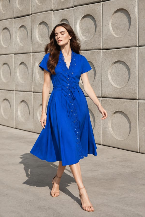 Blue Cotton Fit and Flare Midi Dress with Lace Detail — Pink Lion India