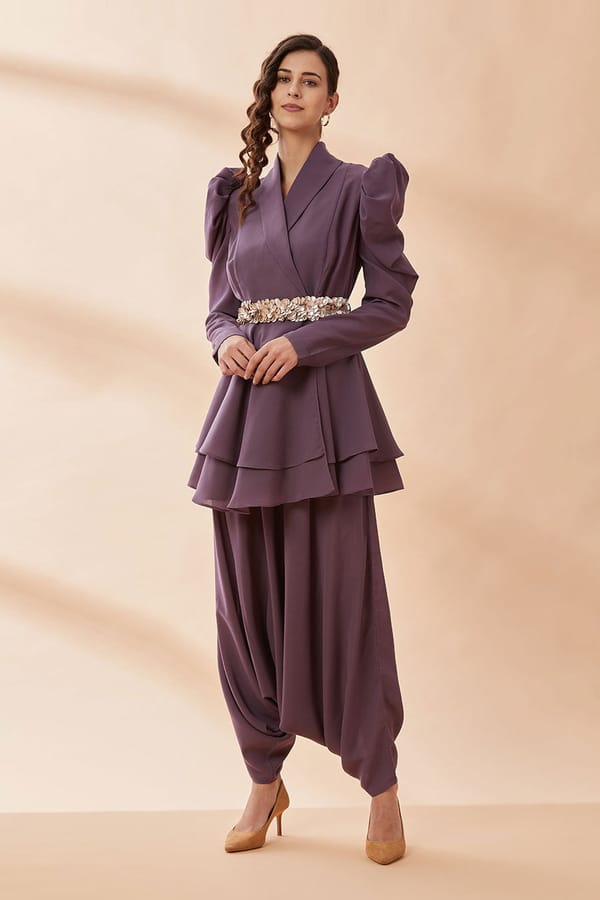 Purple Overlap Tunic and Zuave Pant Co-ord Set with Belt — Aakaar