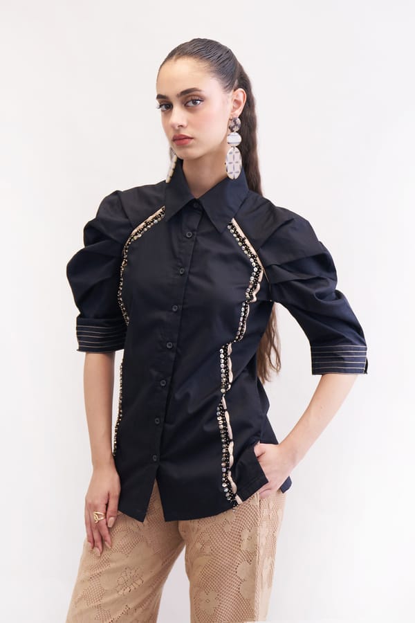 Black Cotton Satin Shirt with Flounced Sleeves — Our Love