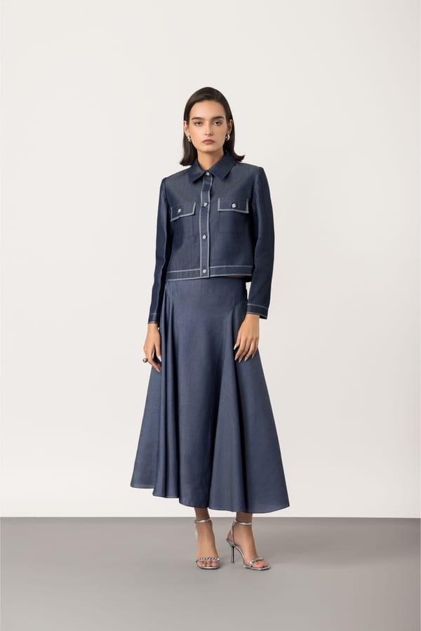 Denim Blue Cropped Button-Front Jacket with Contrast Piping — Studio MuGu