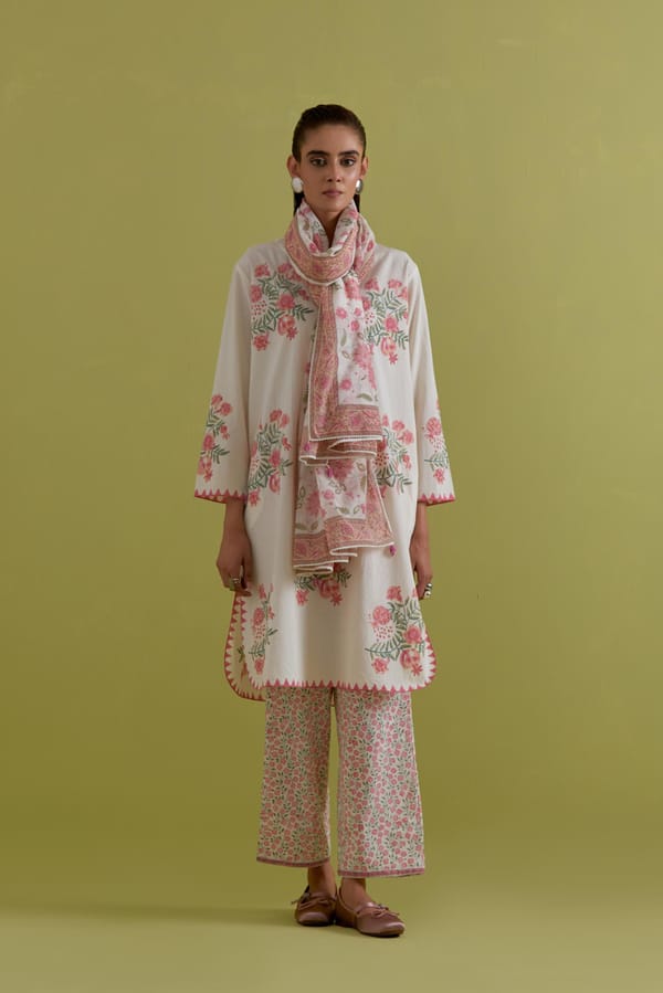 Off-White Floral Block Print Cotton Kurta Set with Dupatta — Upavita