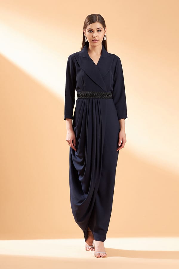 Navy Blue Draped Maxi Dress with Embellished Belt — Aakaar