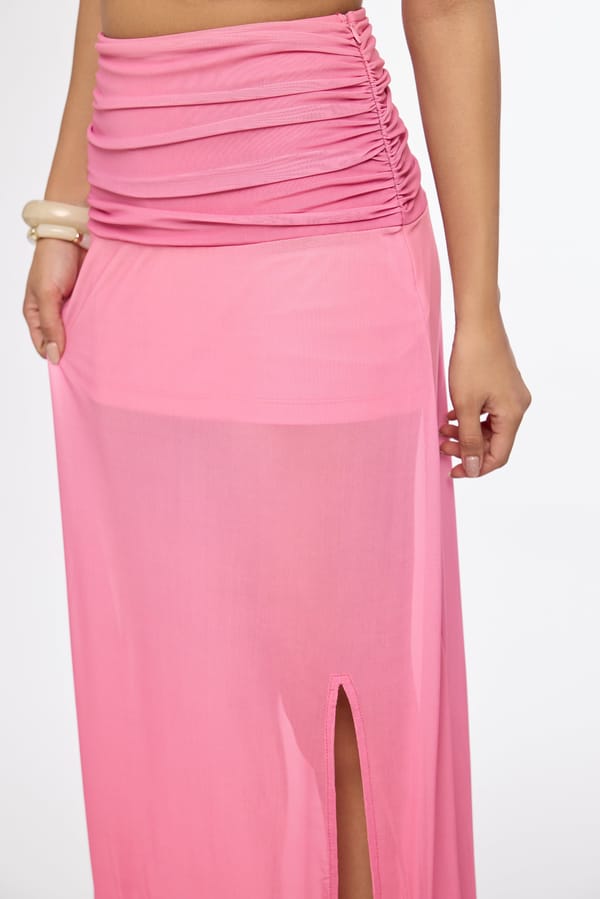 Pink Ombre Sheer Maxi Skirt with Ruched Waist and Slit — The Clothing Factory