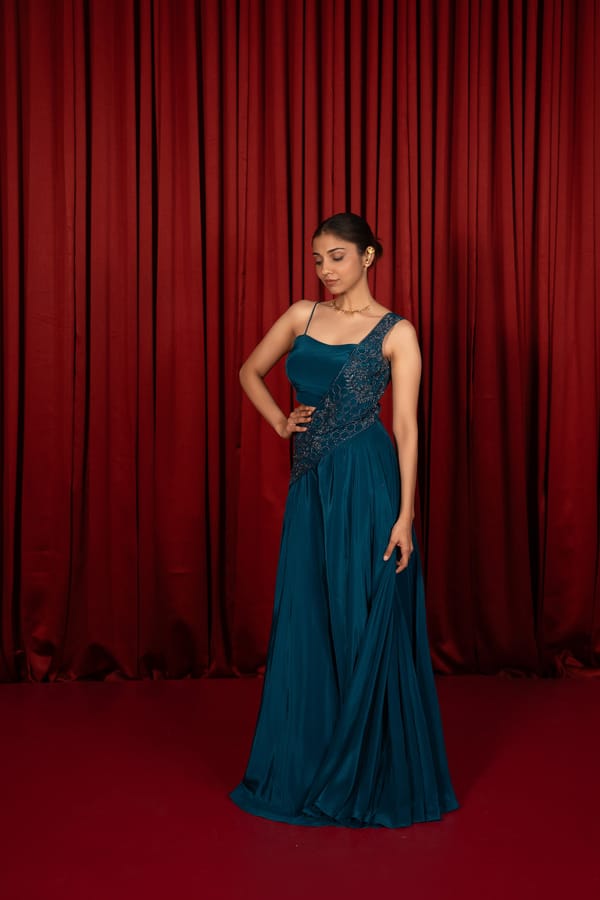 Teal Blue Embroidered Asymmetric Drape Maxi Gown — QUNIC