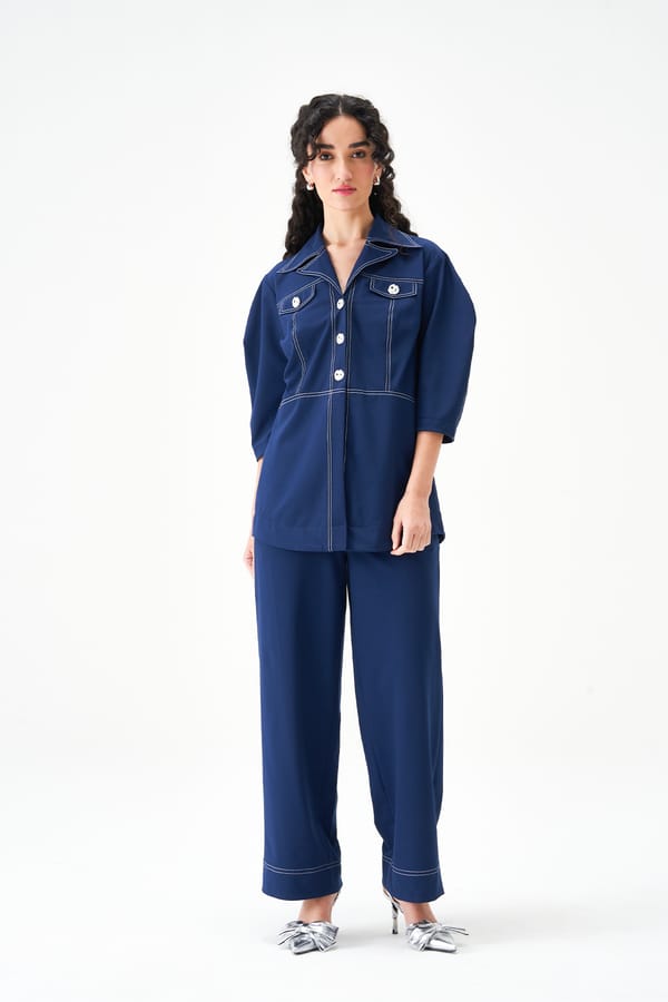 Navy Contrast-Stitch Shirt and Wide-Leg Co-ord Set — NOTEBOOK