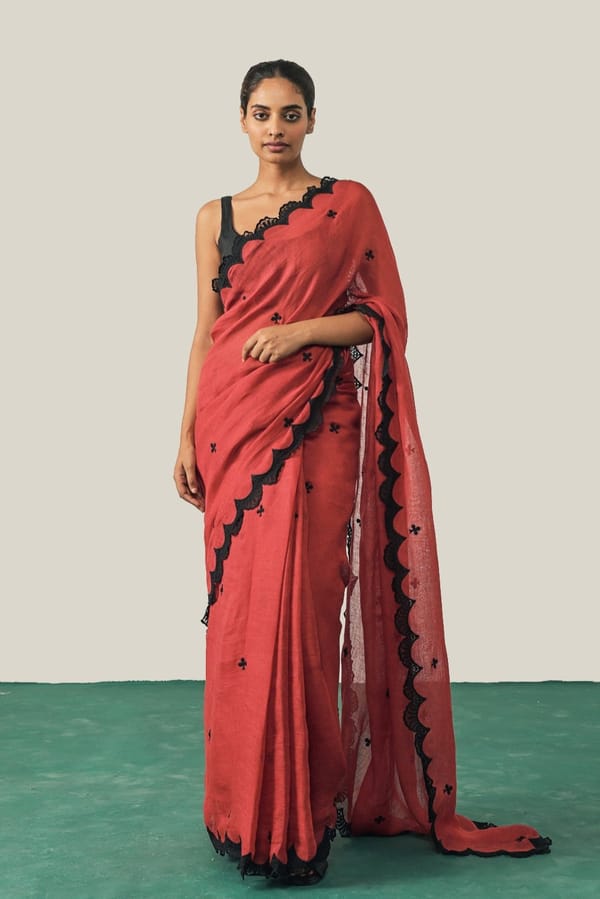 Red Gauze Linen Saree with Black Scalloped Lace Border — YELL
