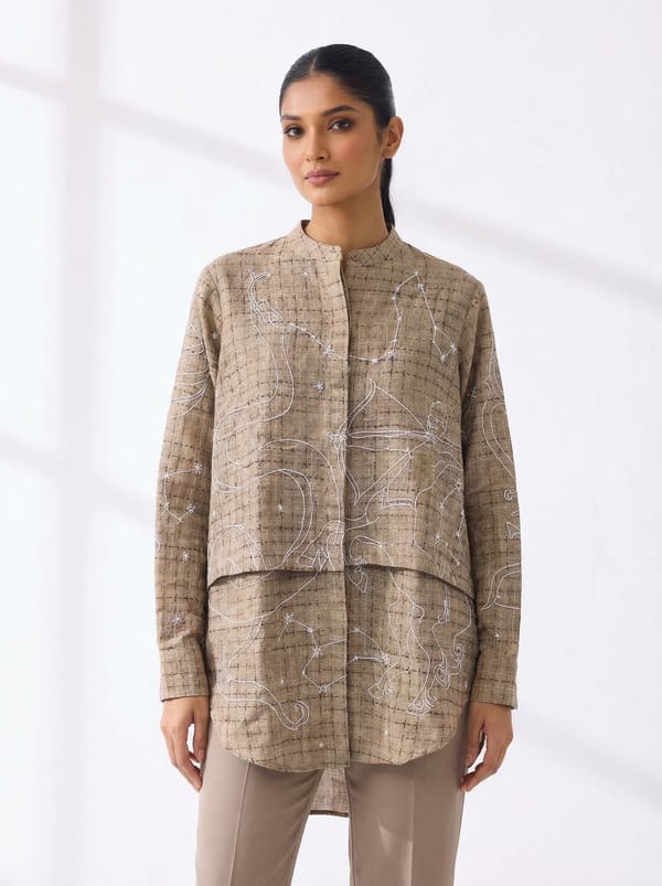 Beige Oversized Hand Embroidered Paneled Shirt — Subtle Shuttle Studio