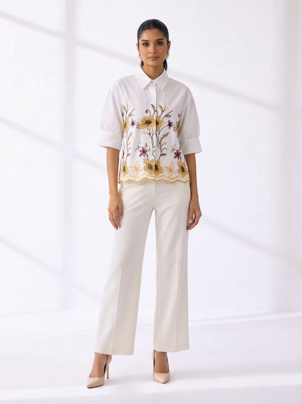 White Embroidered Collared Shirt with Half Sleeves — THE LUXURY DRESSING