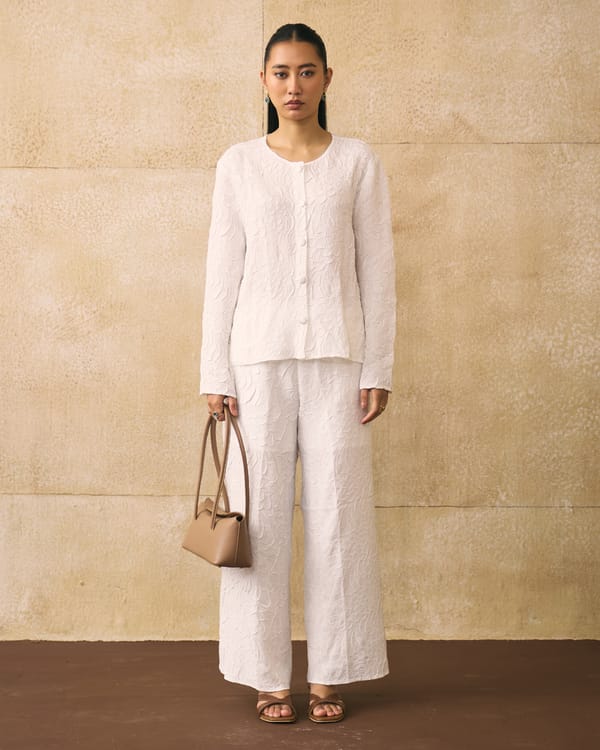 White Textured Button-Front Co-ord Set with Wide-Leg Pants — Pleats by Aruni