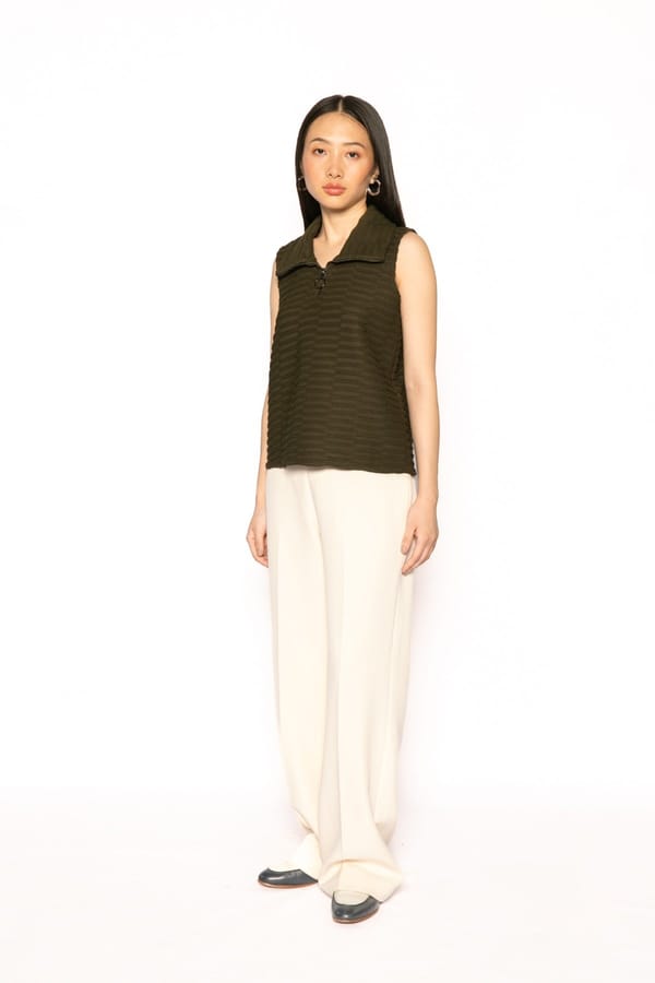 Olive Boxy Sleeveless Zip-Neck Jacquard Top — Contemponari