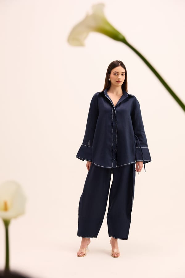 Blue Linen Shirt and Balloon Pants Co-ord Set — Prink Tonic