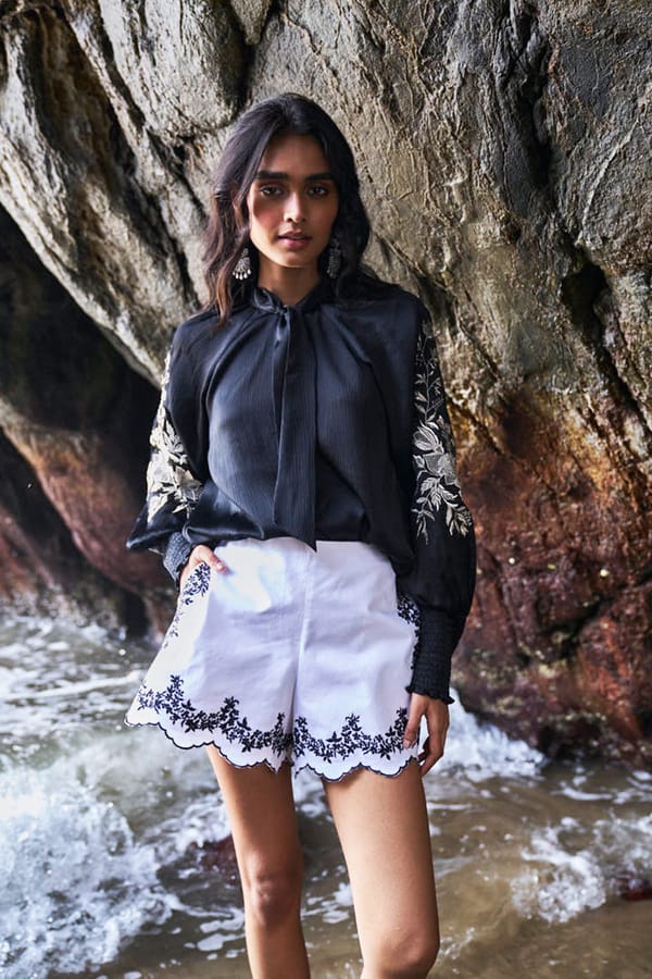Black Tie-Neck Peasant Top with Embroidered Sleeves — Dash and Dot