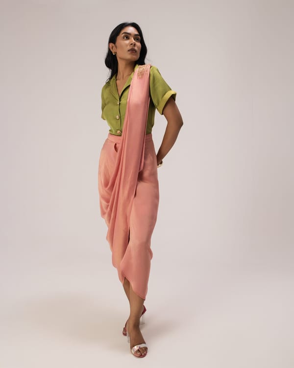 Olive Green Shirt and Pink Draped Skirt Co-ord Set — DORABI