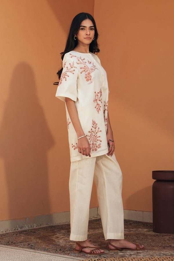 Off-White Floral Mul Mul Co-ord Set with Pants — SAMATVAM