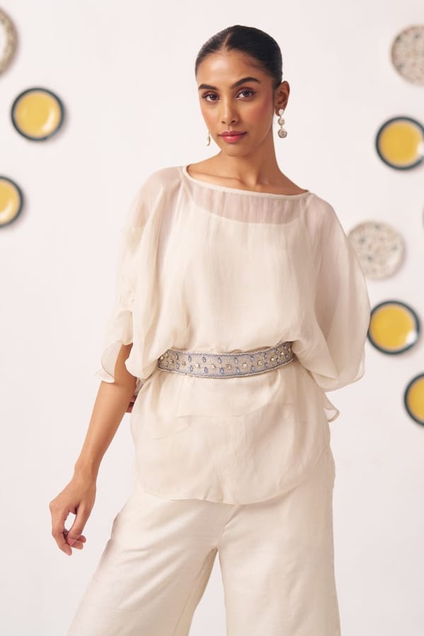 Ivory Sheer Top With Inner and Embellished Belt — Western Era