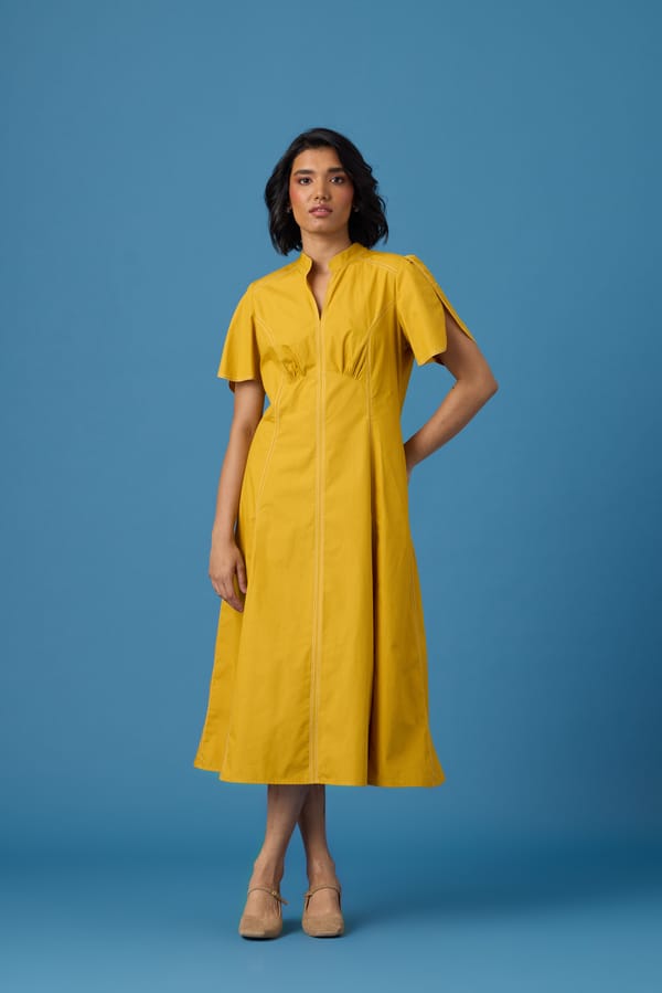 Ochre Cotton Poplin A-Line Midi Dress with Mandarin Collar — 63East