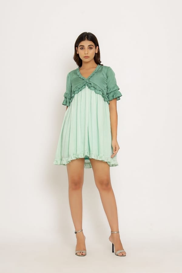 Teal and Mint Colorblock Ruffle Trim Smock Mini Dress — Neora