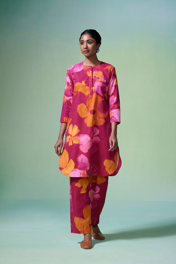 Pink Linen-Cotton Floral Printed Kurta Set — Dressfolk