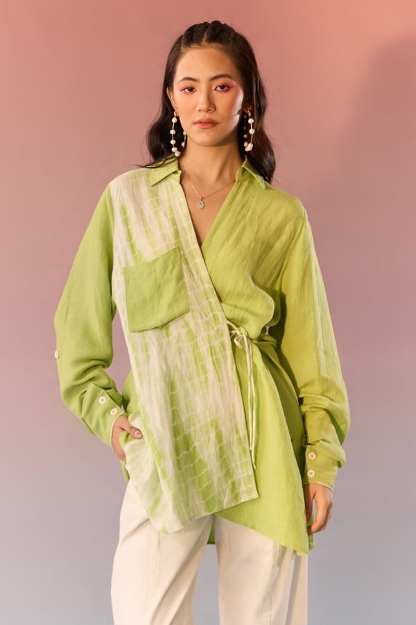 Green Tie Dye Angrakha Wrap Shirt — Western Era