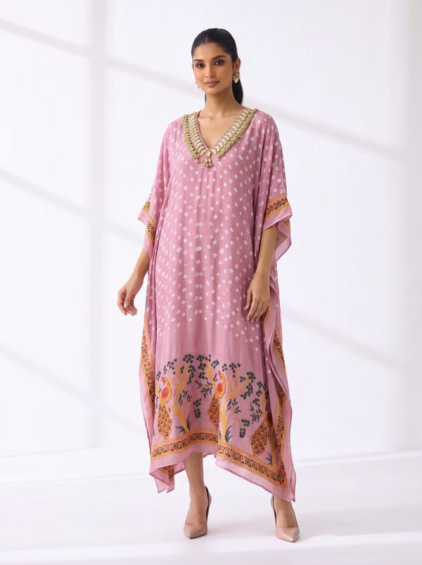 Embellished Bandhani Purple Kaftan — 5 Elements