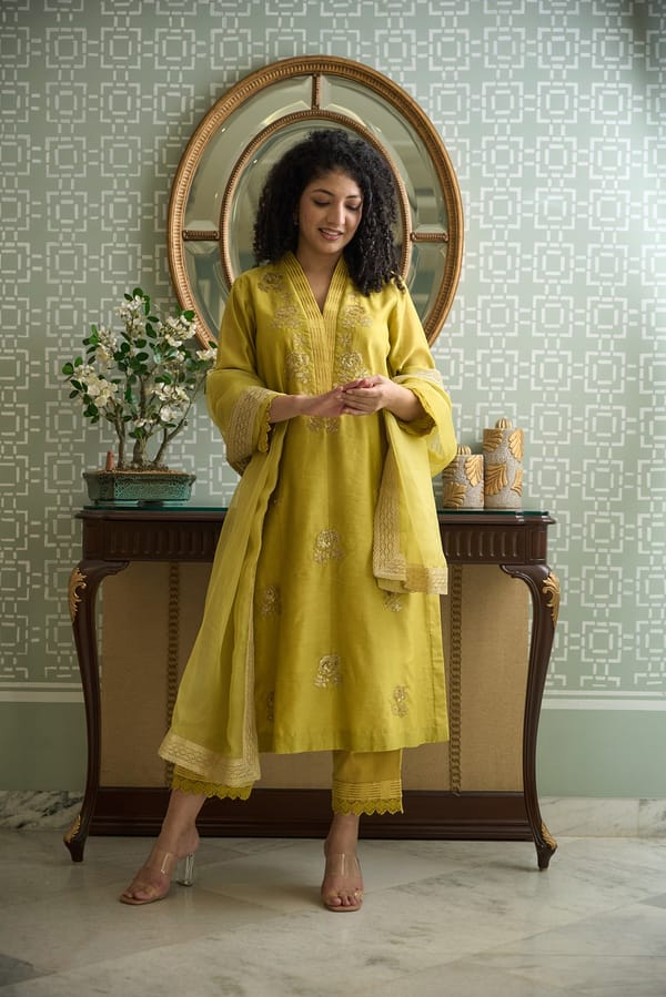 Chanderi Kurta Set with Embroidered V-Neck and all over Motifs — Omi Clothing