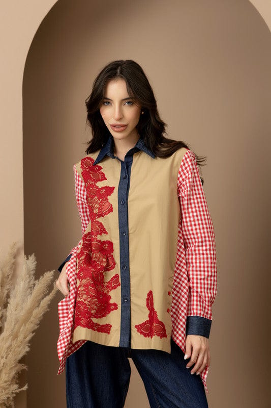 Vichy Cotton/Lace 3 Way Shirt Red — Rhe-Ana