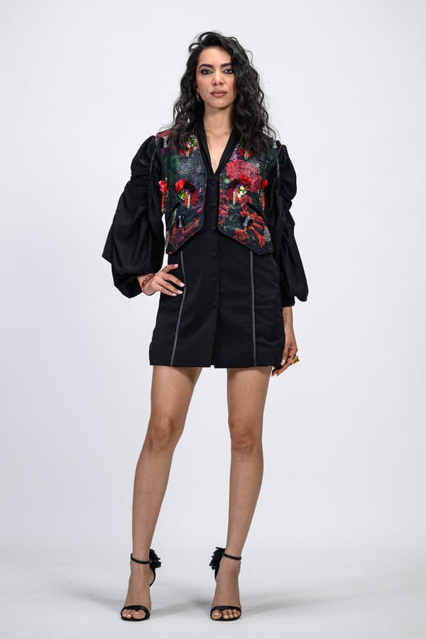 Black Button-Front Mini Dress with Embellished Waistcoat — The Dramebaaz Company