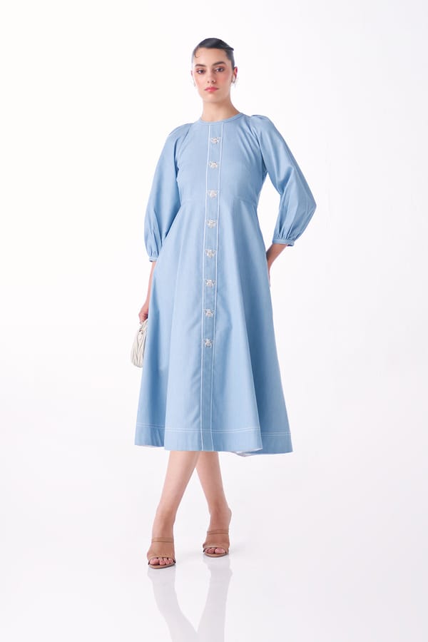 Aqua Denim Fit and Flare Midi Dress with Embroidered Placket — Our Love
