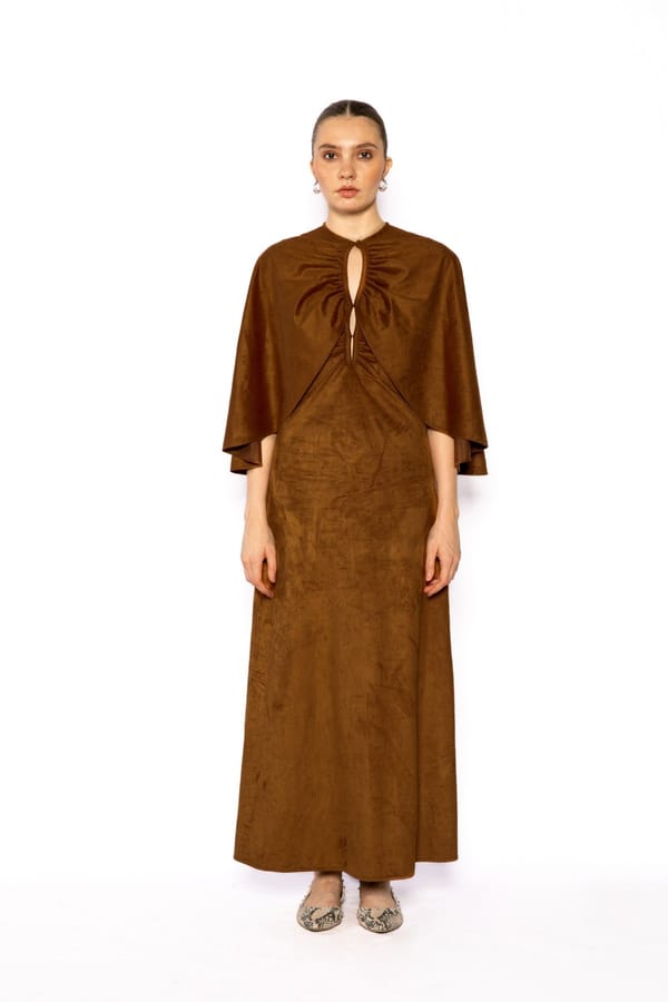Brown Micro Suede Fit and Flare Maxi Dress with Cape — Contemponari