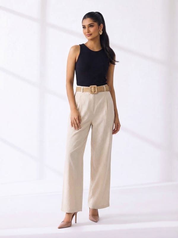 Beige High-Rise Wide-Leg Trousers with Belt — ASPIRIN TRENDY