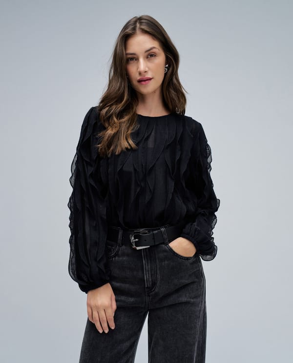 Black Textured Round Neck Full Sleeve Sweater Top — SALSA JEANS