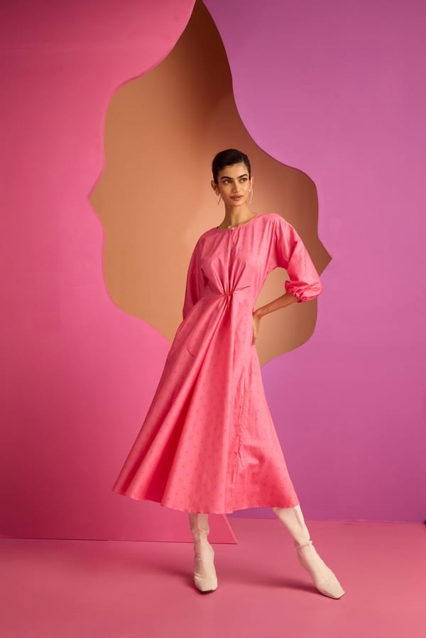 Pink Printed Cotton Fit and Flare Midi Dress — CUIN
