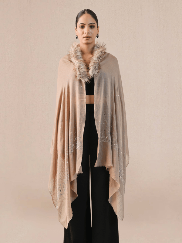 Beige Cashmere Cape with Fur Collar and Swarovski Beads — Shaza
