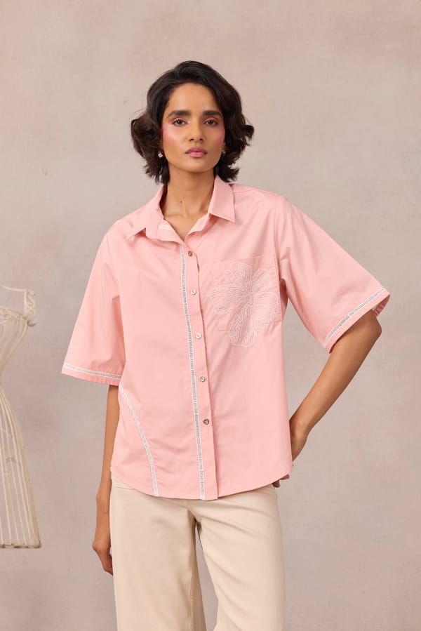 Sunset Pink Cotton Poplin Lace-Trim Applique Pocket Shirt — 63East