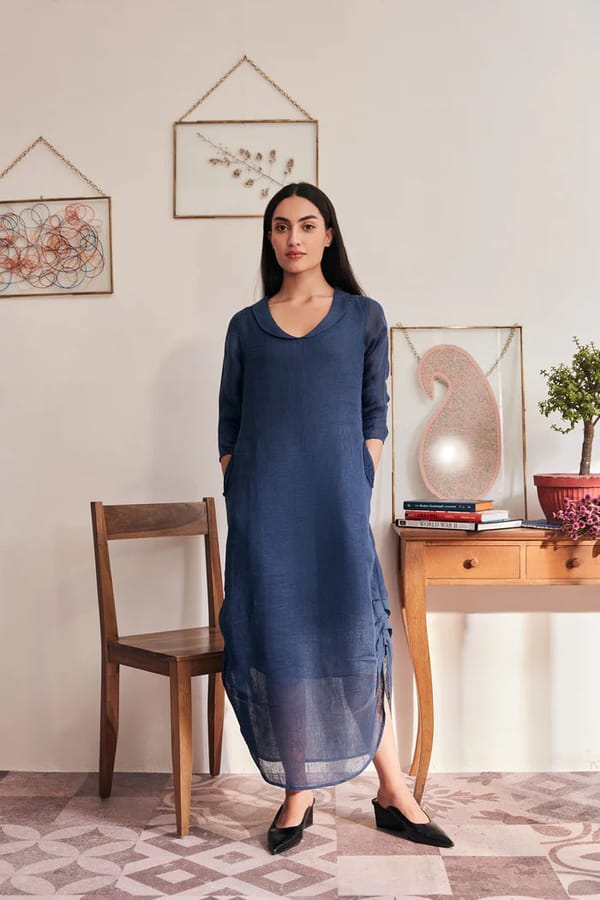 Navy Blue Linen Straight Midi Dress with V-Collar — YELL
