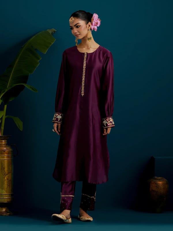 Purple Silk Chanderi Embroidered Kurta Pant Set — Anantaa