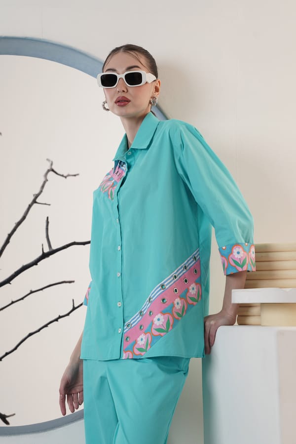 Blue Printed Shirt and Straight Pant Co-ord Set — SURABHI ARYA