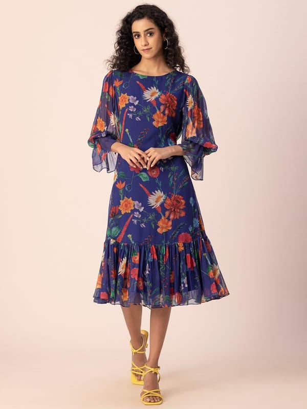 Navy Blue Floral Chiffon Tiered Midi Dress with Puff Sleeves — EWOKE STUDIO
