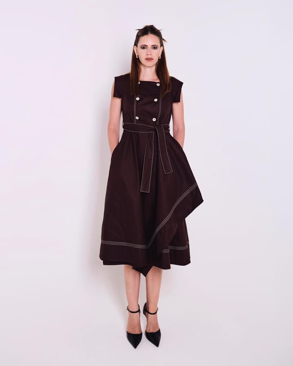 Chocolate Brown Cotton Poplin Belted Fit and Flare Midi Dress — NOTEBOOK