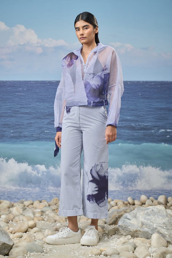 Blue Pinstripe Abstract Print Straight-Leg Culottes — Genes Lecoanet Hemant