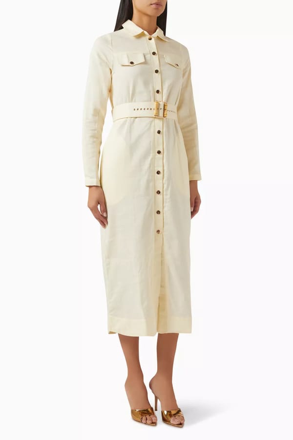 Butter Yellow Linen Belted Midi Shirt Dress — NOTEBOOK
