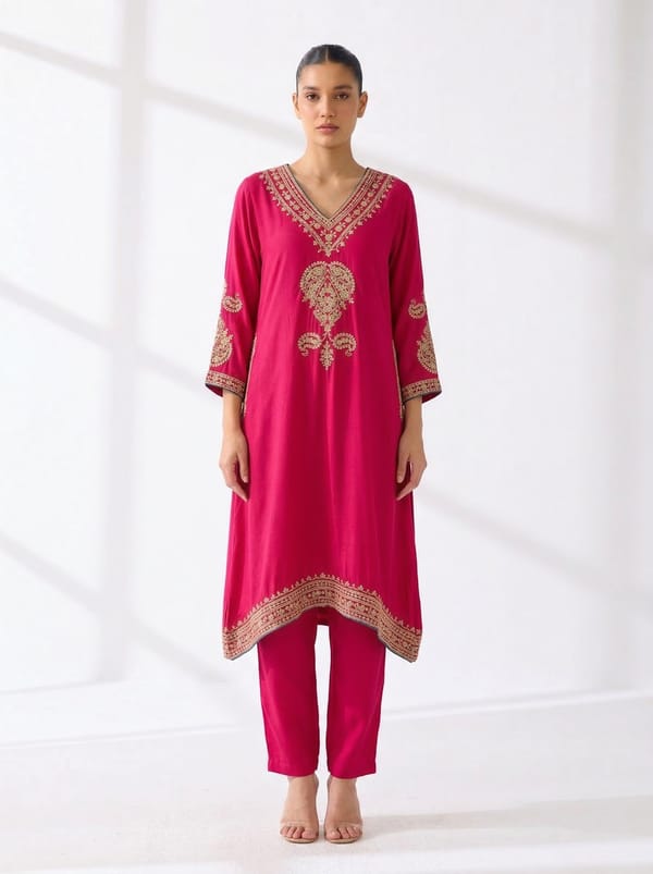 Candy Pink Crepe Phiran Without Potli — Kylee Fashions