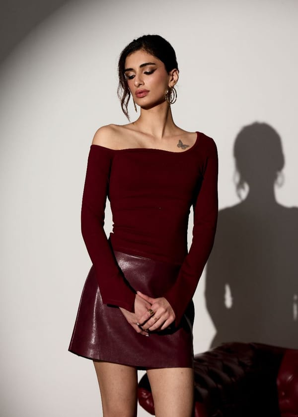 Cherry Red Off-Shoulder Fitted Top with Full Sleeves — Lea Clothing